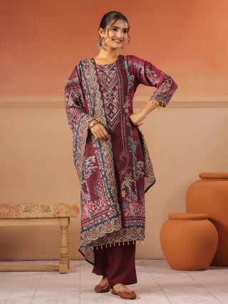 Wine panel printed silk blend kurta set with solid trousers and printed dupatta