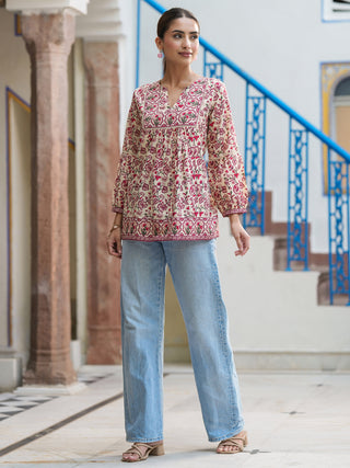 Pink Ethnic Motif Print Lace Top