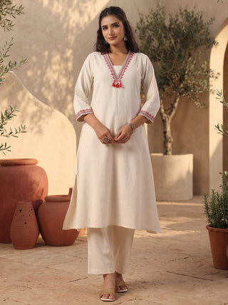 Off-White Cotton Straight Kurta Set with Red Embroidery