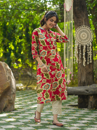 Women Red Floral Printed Pure Cotton Straight Kurtas