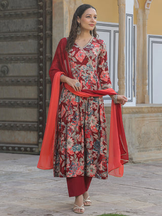 Women Maroon Floral Printed A-line Kurta With Solid Trouser And Dyed Dupatta