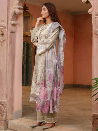 Beige Floral Embroidered 3-Piece Straight Kurta Set