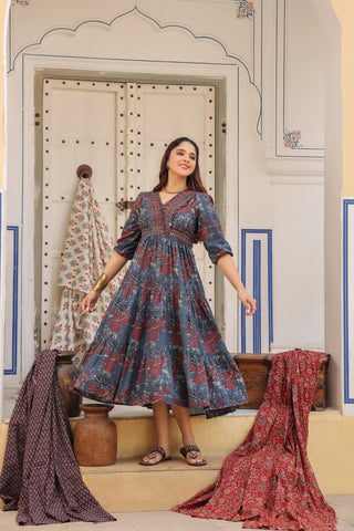 Printed V-Neck Fit and Flare Ethnic Dresses