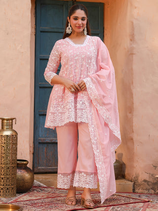 Pink Floral Embroidered Lace 3-Piece Straight Kurta Set