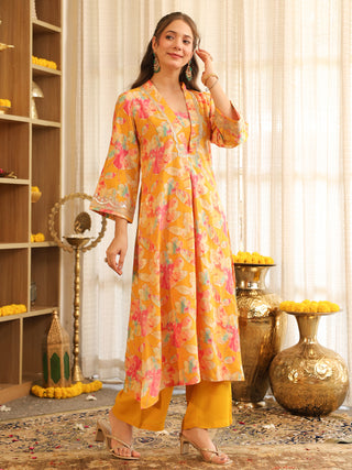 Mustard Floral Print Rayon A-Line Kurta Set with Pocket
