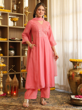 Light Pink Flared A Line Kurta Set with Pocket