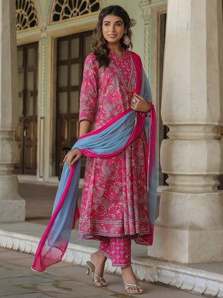 Women Fuchsia Paisley Printed Pure Cotton Kurta With Printed Trouser And Dyed Dupatta