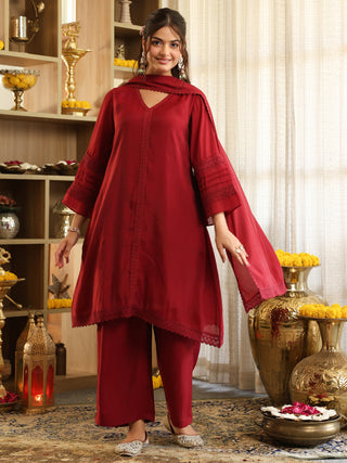 Maroon Lace Chanderi A-Line Kurta Set with Pocket