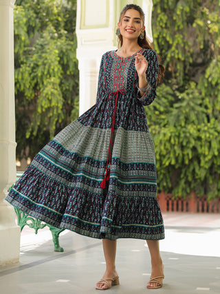 Printed Round Neck Pure Cotton Ethnic Dresses