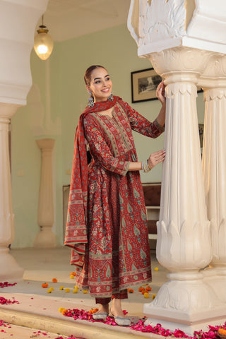 Women Ethnic Motifs Printed Pleated Pure Cotton Kurta with Trousers & With Dupatta