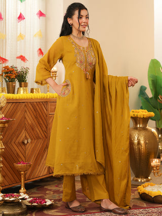 Green Embroidered Cotton A-Line Kurta Set