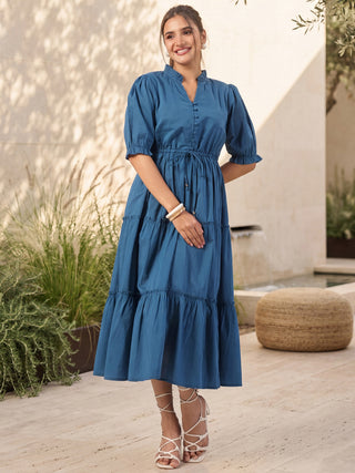 Teal Solid Flared Midi Dress with V-Neck Mandarin Collar