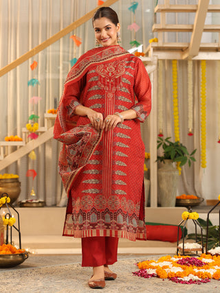 Red Panel Print Straight Kurta Set with Pant Pocket