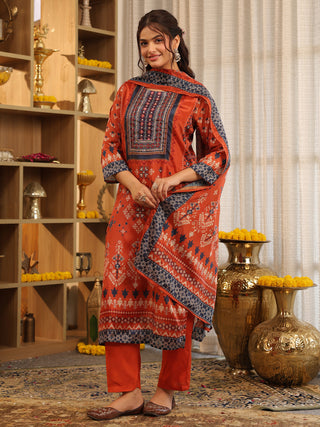 Rust Ikat Print Chanderi Straight Kurta Set
