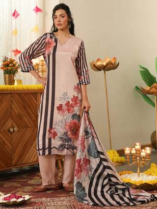 Peach Panel Print Chanderi Straight Kurta Set