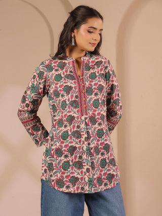 Green Floral Print Cotton Mandarin Collar Top