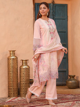 Pink Floral Embroidered 3-Piece Straight Kurta Set