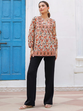 Orange Ethnic Motif Print Lace Top
