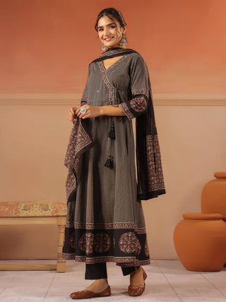 Black cotton chevron printed anarkali kurta set with solid trouser and printed cotton dupatta
