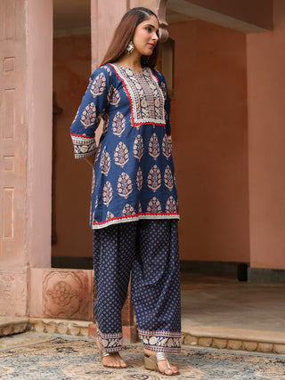 Navy Blue Mughal Print Straight 2-Piece Kurta Set