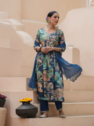 Women Blue Floral Printed Round Neck Empire Line Embroidered Kurta With Trouser And Dupatta