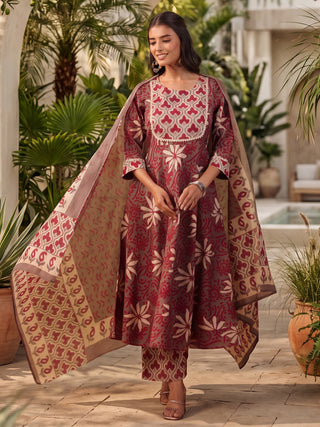 Grey Ethnic Motif Print Fit & Flare 3-Piece Anarkali Kurta Set