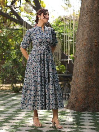 Women Blue Ethnic Motifs Printed Tiered Pure Cotton A-line Midi Dress