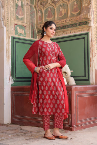 Women Ethnic Motifs Printed Regular Pure Cotton Kurta with Trousers & With Dupatta