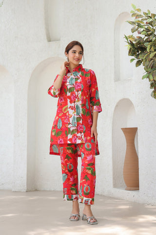 Printed Shirt Collar Pure Cotton High Low Tunic With Trousers