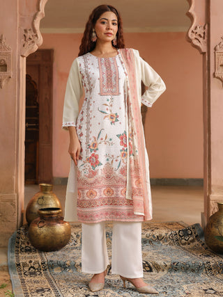 Peach Floral Print 3-Piece Straight Kurta Set