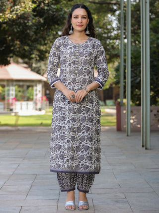 Women Grey Floral Printed Straight Kurta With Afghani Salwar And Printed Dupatta