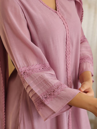 Lilac Lace Chanderi A-Line Kurta Set with Pocket