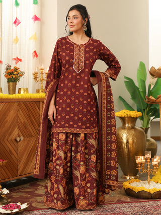 Brown Floral Print Cotton Straight Kurta Set