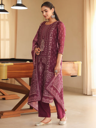Wine Ethnic Motif Print 3-Piece Straight Kurta Set