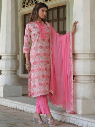 Floral Printed Pure Cotton Kurta with Trousers & Dupatta