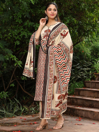 Rust Striped Embroidered 3-Piece Straight Kurta Set