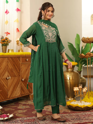 Green Embroidered Anarkali Kurta Set with Pocket