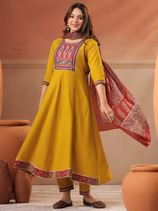 Mustard Printed 3-Piece Anarkali Kurta Set