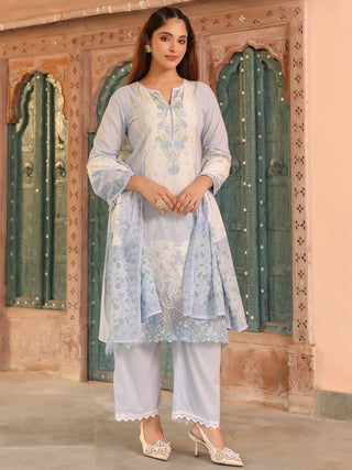 Blue Floral Embroidered Lace 3-Piece Straight Kurta Set