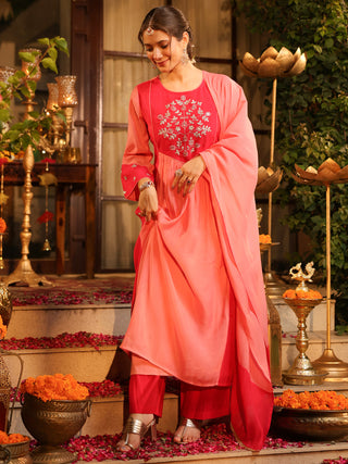Pink Embroidered Yoke A-Line Kurta Set with Pocket