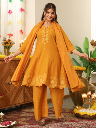 Mustard Embroidered Cotton A-Line Kurta Set