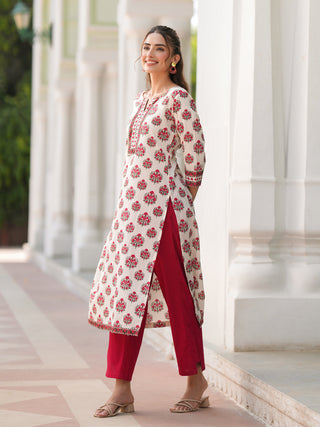 Beige Ethnic Motif Print Lace Kurta
