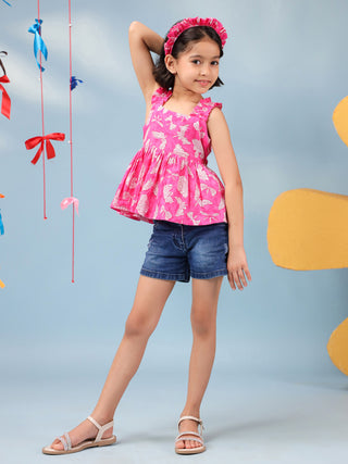 Girls Floral Printed Pure Cotton Peplum Crop Top