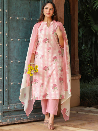 Pink Floral Print 3-Piece Straight Kurta Set