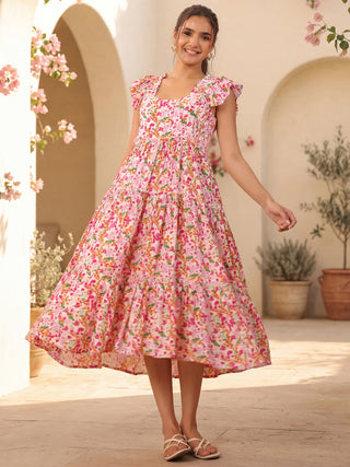 Pink Floral Printed Fit-and-Flare Short Sleeves Dress