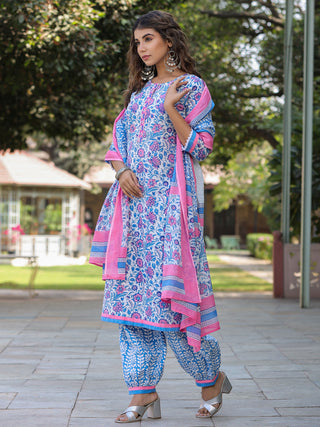 Women Blue Floral Printed Straight Kurta With Afghani Salwar and Printed Dupatta