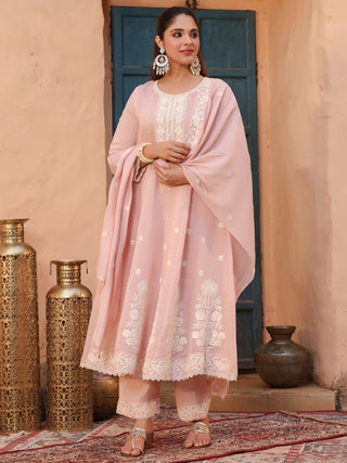 Peach Embroidered Lace 3-Piece Anarkali Kurta Set