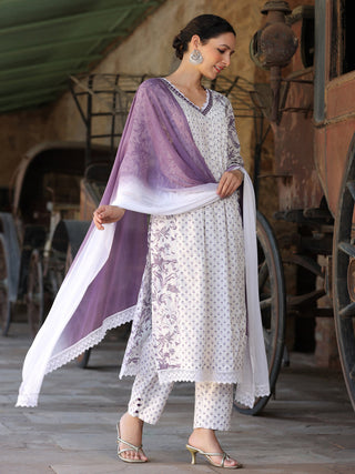 Women white and purple floral mix and match printed A-line kurta with pintuck and embroidery