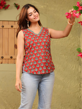 Red Printed Cotton Sleeveless Top with V-Neck
