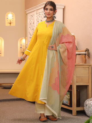 Mustard Solid Lace 3-Piece Kurta Set